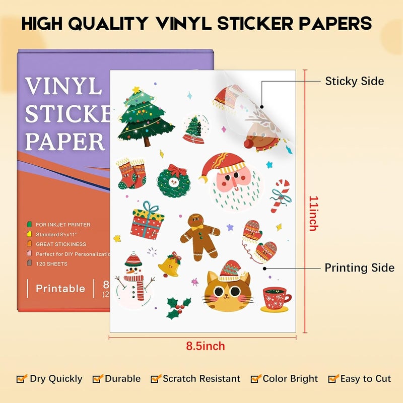Aevdor 120 Sheets Printable Clear Sticker Paper for Inkjet Printer, Premium Vinyl Transparent Sticker Paper Waterproof, Dries Quickly, Vivid Colors, Tear Resistant, 8.5x11" Labels Great for Cutting Machines - Image 3